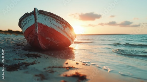 A rustic boat rests on a sandy beach at sunset, with shimmering water reflecting the warm colors of the setting sun, evoking feelings of nostalgia and calm. photo