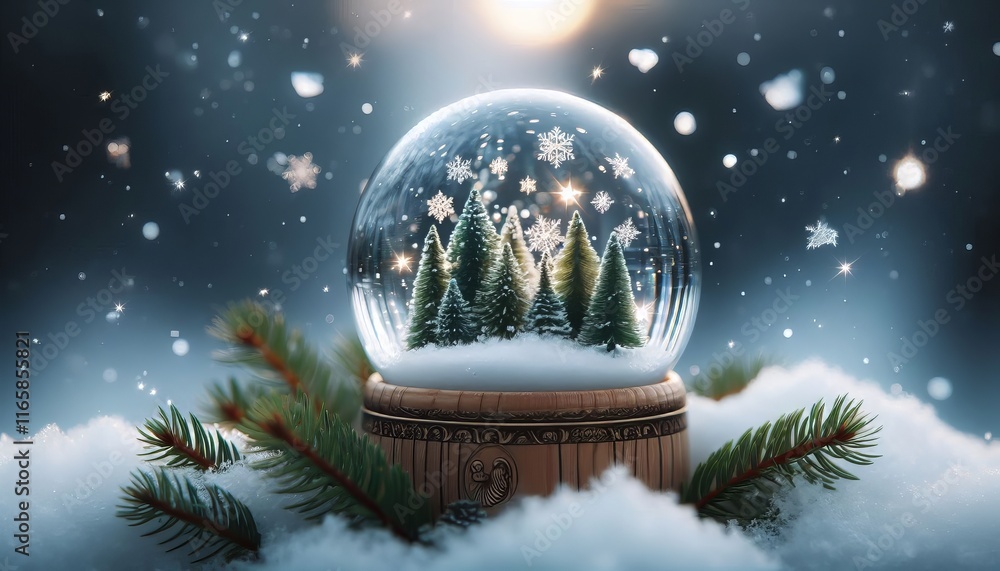 A whimsical view of a small pine forest encapsulated within a sparkling snow globe A whimsical view of a small pine forest encapsulated within a sparkling snow globe