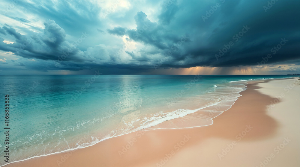 Obraz premium Beach with golden sand and turquoise water. Iridescent colors, stormy skies