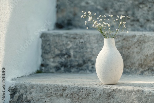 Elegant white vase with delicate flowers on stone steps in soft sunlight