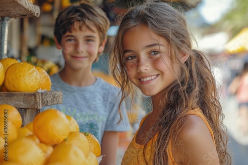 Young siblings enjoying a sunny day at a fruit market with vibrant oranges in the background photo