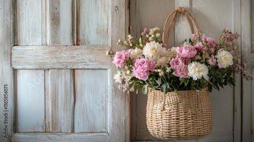 Fresh pink and white peonies arranged in a woven basket hanging by a vintage ...
