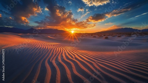 Stunning sunset over sand dunes with vibrant colors in a desert landscape