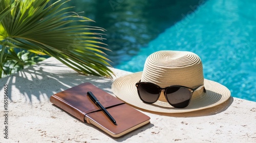 Relaxing by the pool with a straw hat, sunglasses, and a notebook in the sunl...