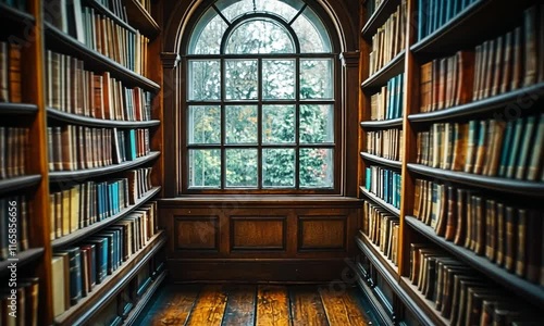 Wallpaper Mural A cozy library with wooden shelves filled with books and a large window overlooking greenery. Torontodigital.ca