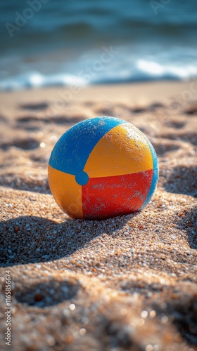 Colorful beach ball resting on sandy shoreline near ocean waves