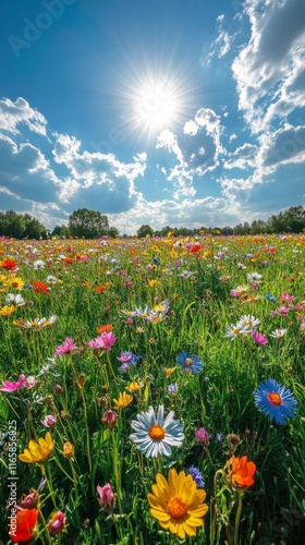 Vibrant wildflower meadow at sunset showcasing a colorful array of blooms