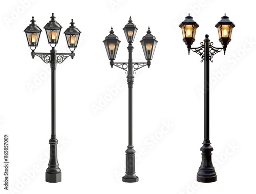 Realistic black street lamp set with two lamps with lightning isolated on white or transparent background, light park cutout PNG photo