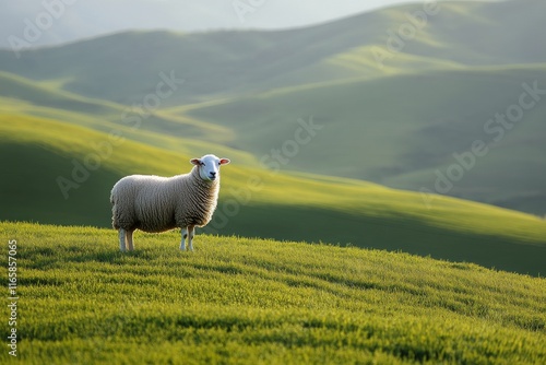 Sheep grazes on lush green meadow surrounded by rolling hills at sunset