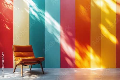 Bright yellow couch with colorful striped wall in modern living room decor