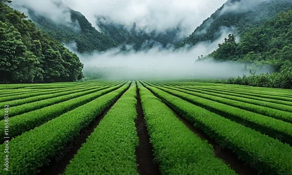 Lush green tea fields stretch across a misty landscape, surrounded by mountains and clouds. Lush green tea fields stretch across a misty landscape, surrounded by mountains and clouds.