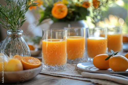 Freshly squeezed orange juice served with slices on a beautifully arranged ta...