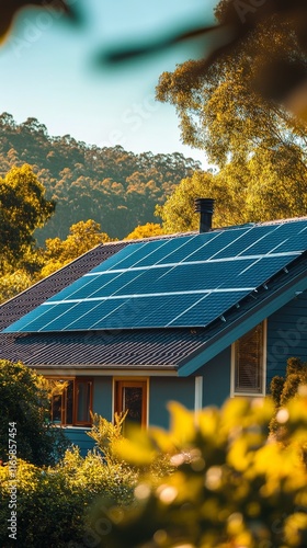 Solar panels on rooftop reflect vibrant sunset colors over residential area