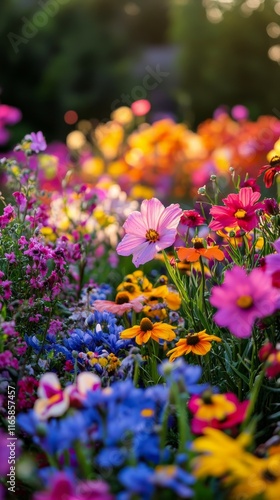 Colorful flower garden in full bloom beside a house on a sunny day