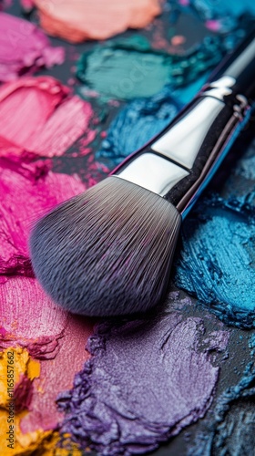 Colorful makeup palette with brush resting on vibrant pigment swatches