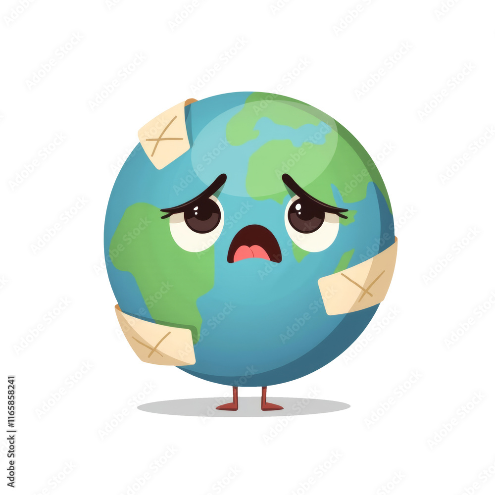 Fototapeta premium Ailing Earth, Cartoon globe expresses sadness, bandaged up, highlighting planetary health concerns and the need for global care,
