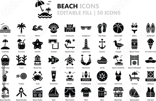 Beach Icon Set: 50 Sunny Fill EPS Vector Icons in Black
