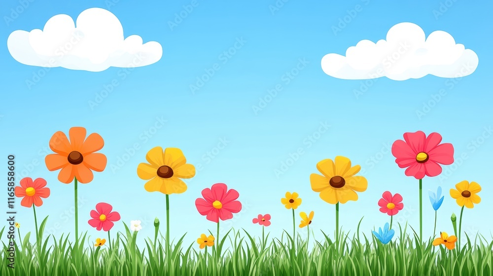 Fototapeta premium Colorful flowers blooming under a bright blue sky with fluffy clouds.