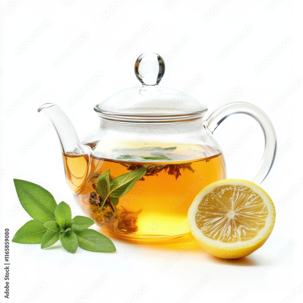 Herbal tea with lemon and fresh herbs in a glass teapot on a white background Herbal tea with lemon and fresh herbs in a glass teapot on a white background