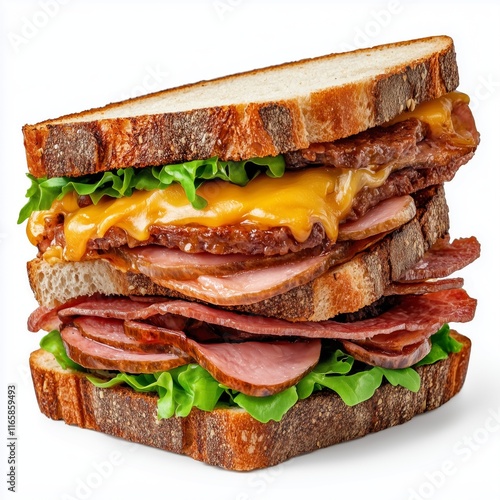 A very tall sandwich with multiple ingredients in it, meat, cheese, lettuce, ham, bacon and meat photo