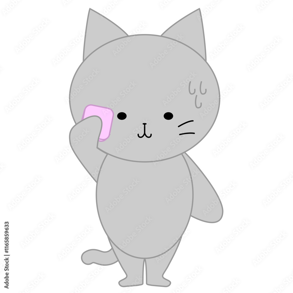 汗を拭くかわいい灰色猫のイラスト 汗を拭くかわいい灰色猫のイラスト