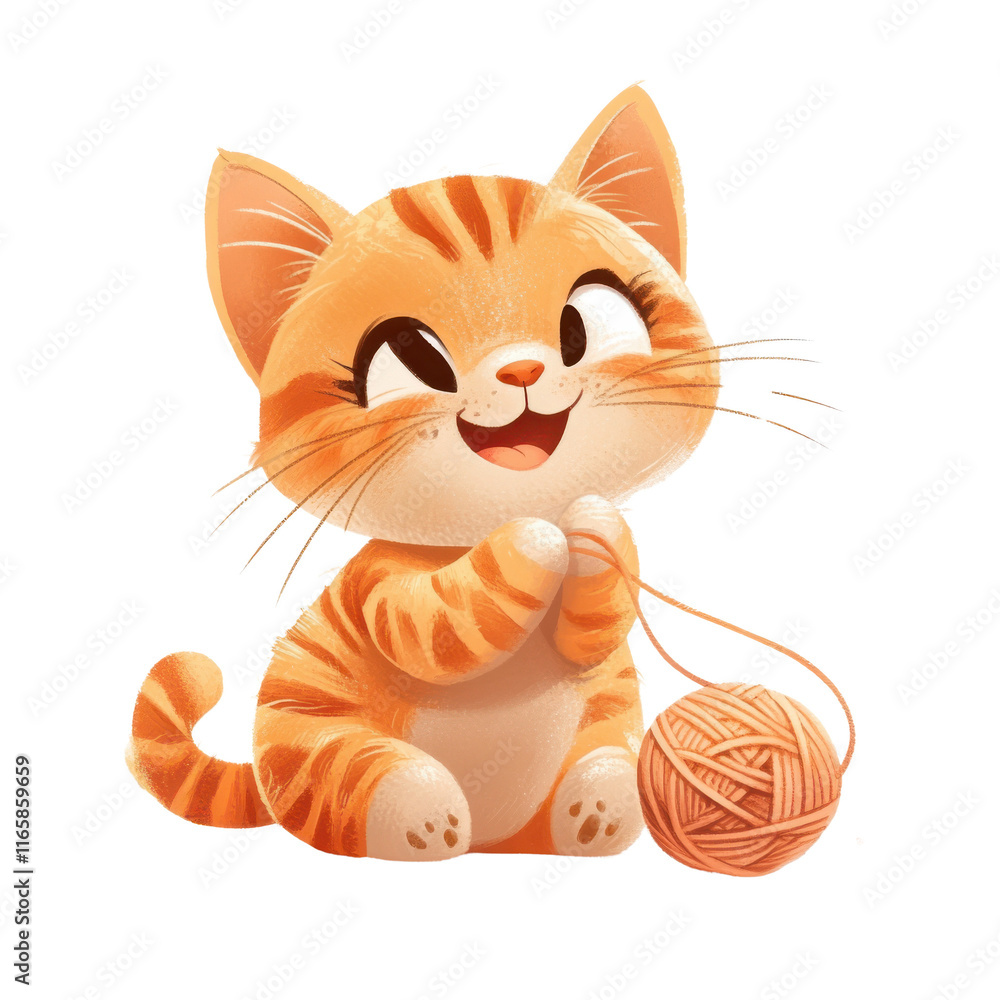 Obraz premium Playful orange kitten with yarn, smiling and enjoying its playtime.