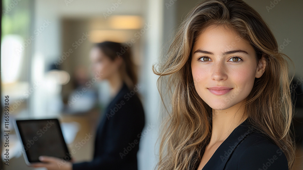 A confident young professional woman in a modern office environment, radiating elegance and success with a bright smile and a poised demeanor, ideal for business or workplace-related themes. A confident young professional woman in a modern office environment, radiating elegance and success with a bright smile and a poised demeanor, ideal for business or workplace-related themes.