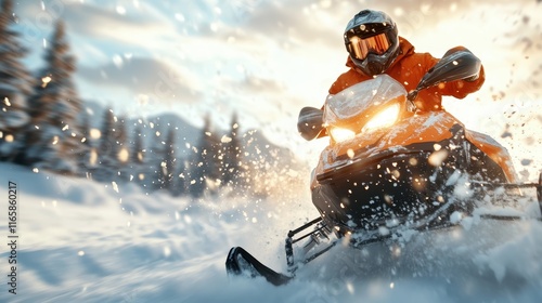 A snowmobiler speeding through powdery snow showcases exhilarating motion, outdoor adventure, and the thrill of winter sports against a majestic mountainous backdrop. photo