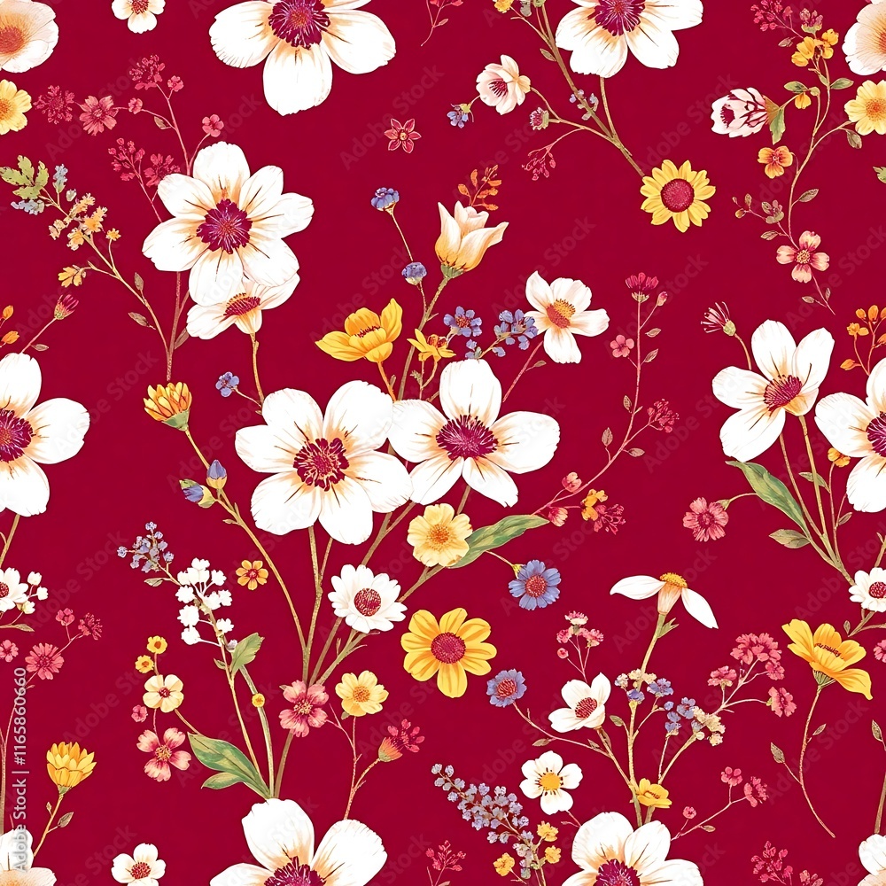 Crimson Floral Delight: A vibrant seamless pattern featuring a captivating array of white and yellow blossoms on a rich crimson background. Perfect for textile design, fashion, and home decor. Crimson Floral Delight: A vibrant seamless pattern featuring a captivating array of white and yellow blossoms on a rich crimson background. Perfect for textile design, fashion, and home decor.