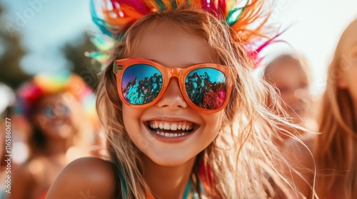 Bright-eyed child wearing vibrant sunglasses with a big smile at a lively summer festival, encapsulating the essence of joy and celebration amidst cheerful surroundings. photo