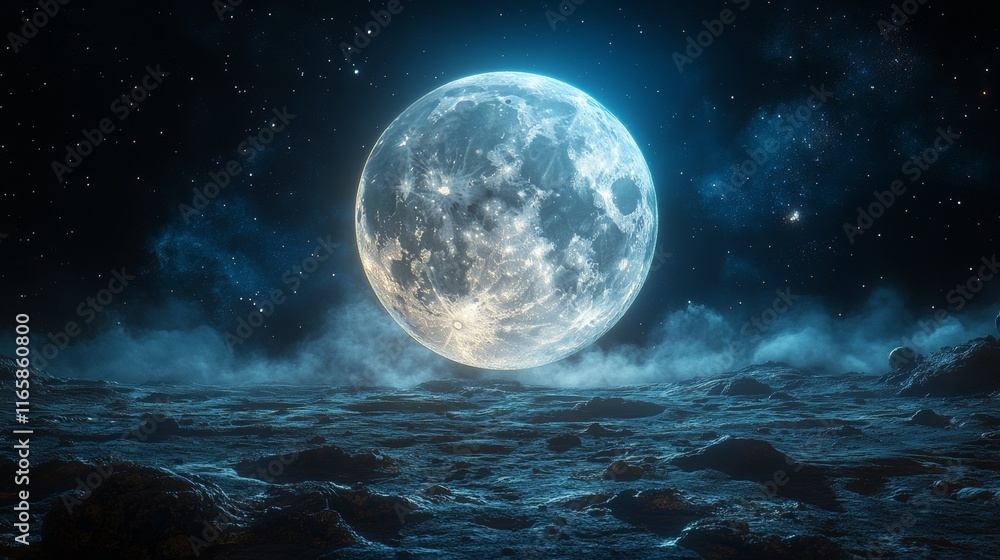 Full moon over a dark, rocky, alien landscape with nebulae and stars. Full moon over a dark, rocky, alien landscape with nebulae and stars.