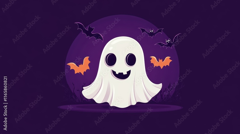 Obraz premium Cute cartoon ghost with bat silhouettes, playful Halloween theme on a purple background.