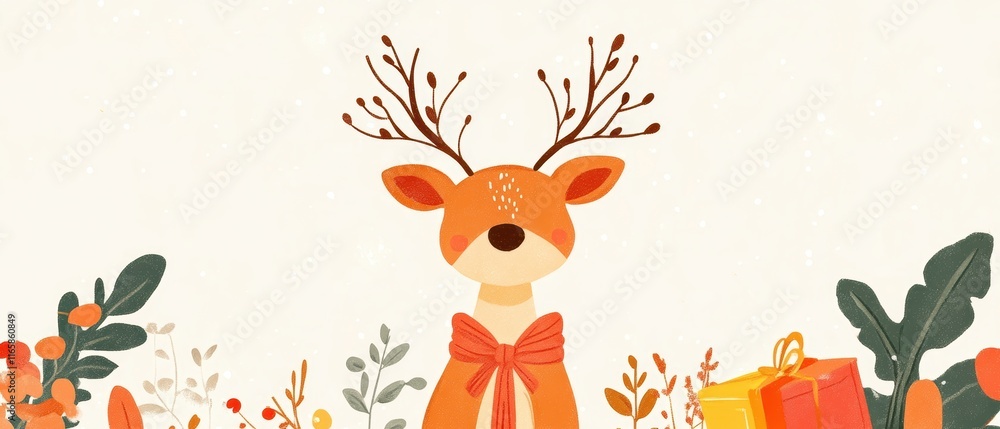 Naklejka premium Cute deer surrounded by colorful autumn leaves and festive gifts.