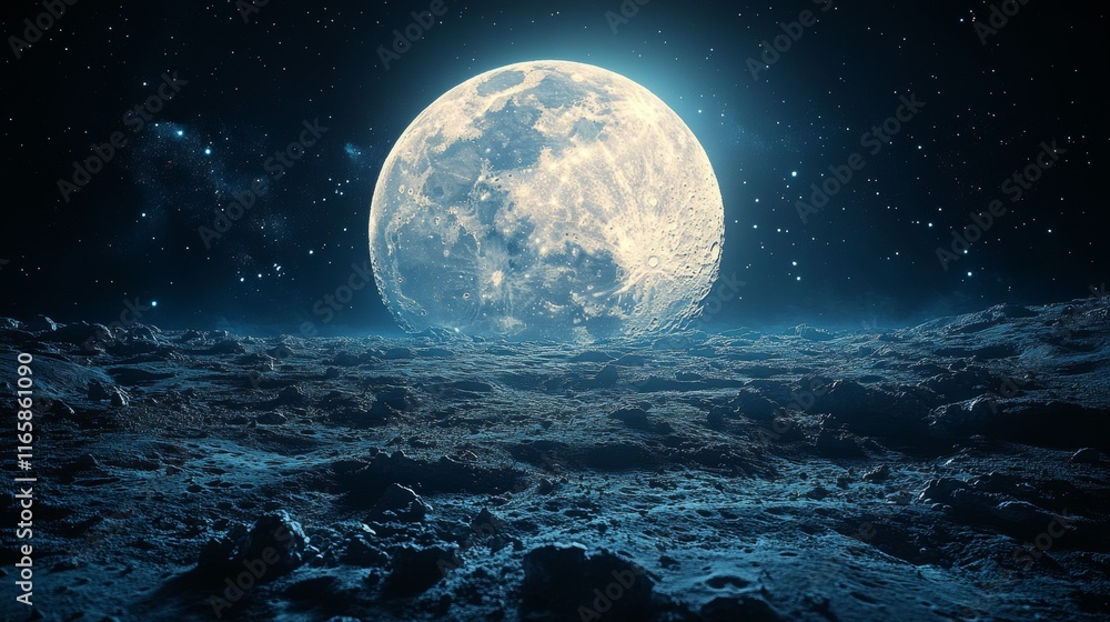 Naklejka premium Full moon over a rugged, cratered lunar landscape at night.