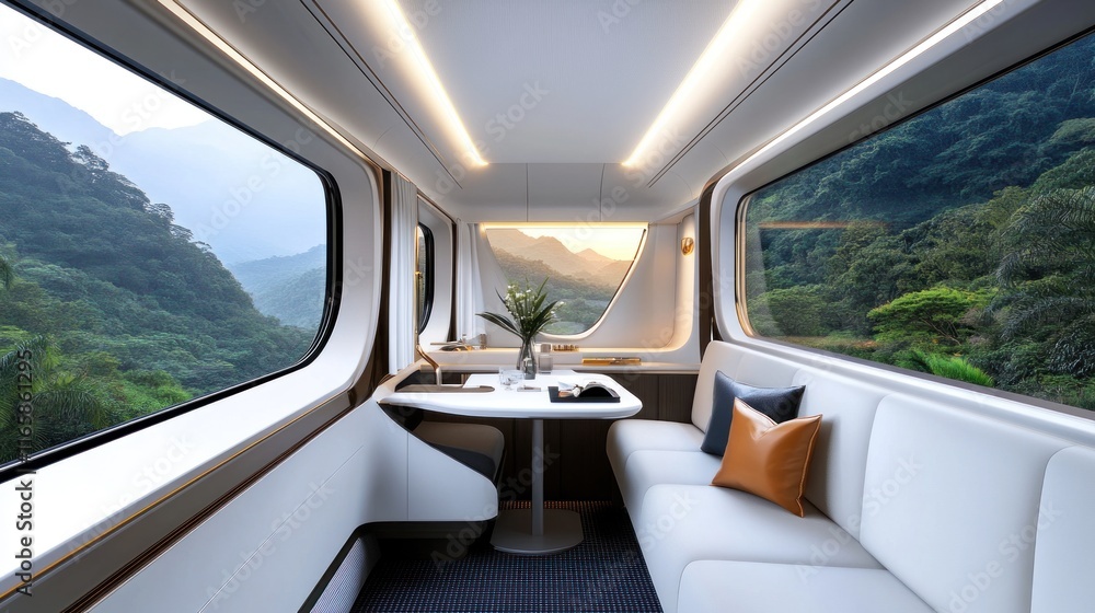 Naklejka premium Modern train interior with panoramic views of lush mountains.
