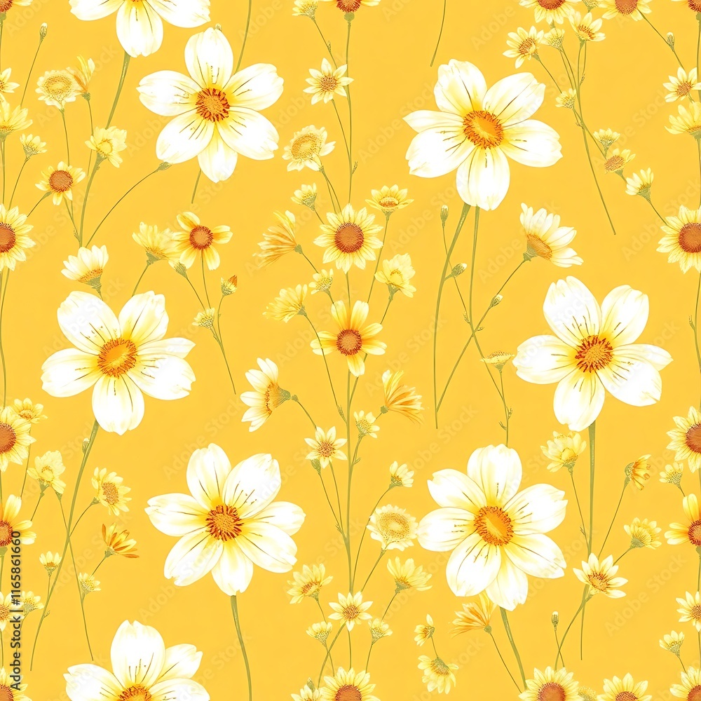 Golden Daisy Delight: A cheerful seamless pattern featuring white daisies and yellow background. Perfect for textile design, wallpaper, and spring-themed projects. Golden Daisy Delight: A cheerful seamless pattern featuring white daisies and yellow background. Perfect for textile design, wallpaper, and spring-themed projects.