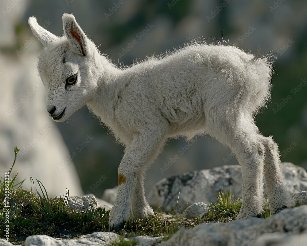 Adorable baby mountain goat kid standing on rocks, fluffy white fur, curious expression, wildlife photography. Adorable baby mountain goat kid standing on rocks, fluffy white fur, curious expression, wildlife photography.