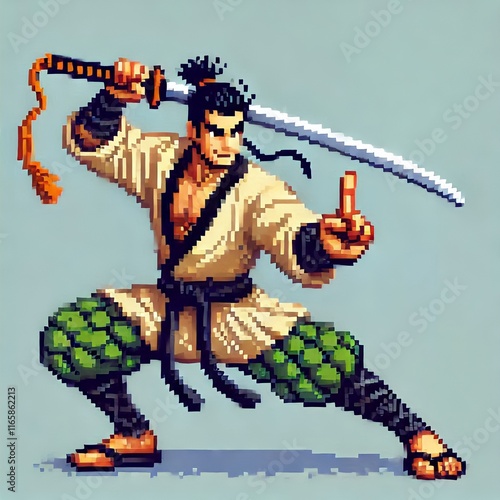 design of a fighter carrying a sword, pixel art photo