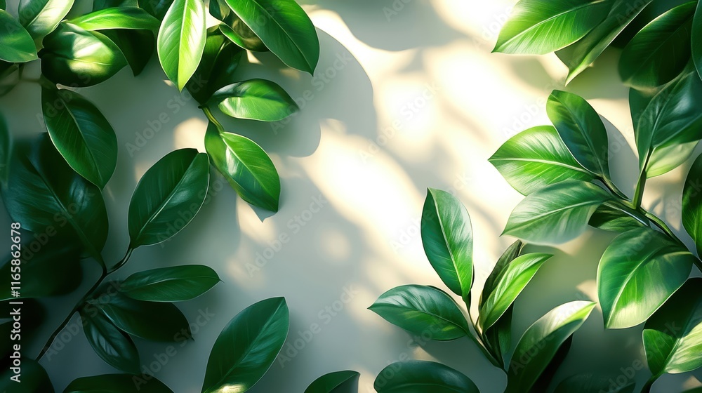 Green leaves framing a light background with soft shadows. Green leaves framing a light background with soft shadows.