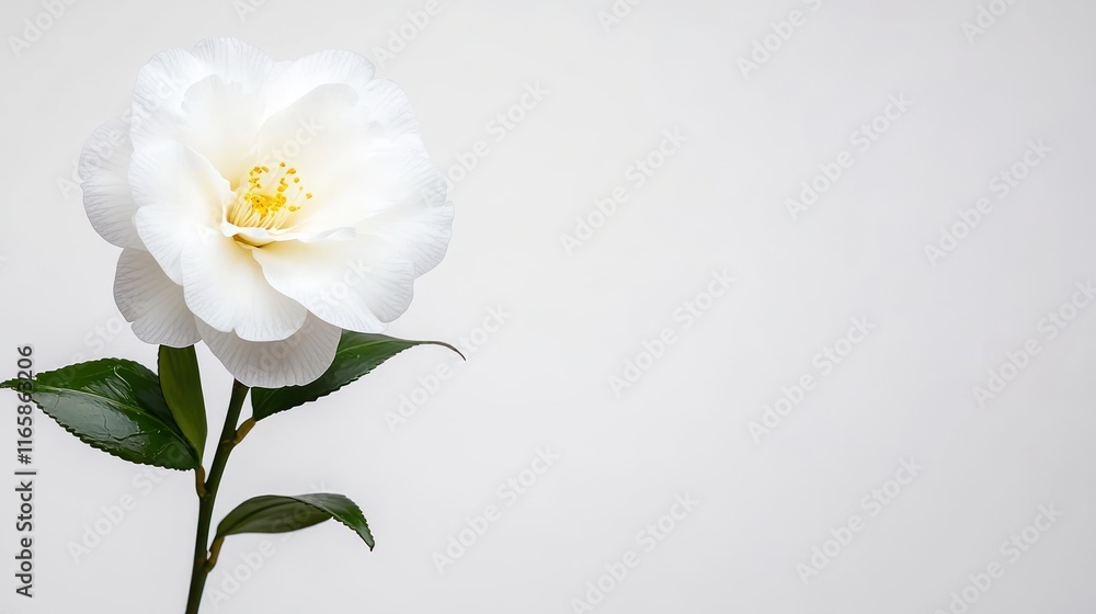A single white camellia flower against a light background. A single white camellia flower against a light background.