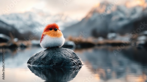 A delightful, vividly colored bird perches confidently on a rock, reflecting in the calm waters of a serene mountain lake surrounded by majestic peaks. photo