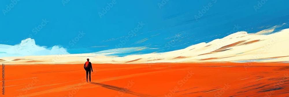 Lone traveler on a vibrant desert landscape under a blue sky with fluffy clouds. Lone traveler on a vibrant desert landscape under a blue sky with fluffy clouds.