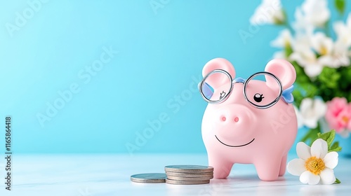 Wallpaper Mural Piggy bank with coins on a table, surrounded by flowers and a blue background. Torontodigital.ca