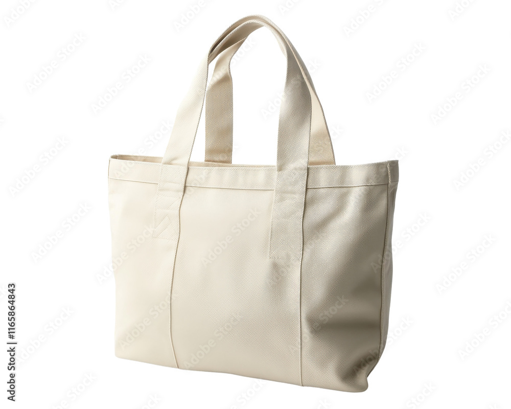 Stylish beige tote bag with sturdy handles on a white isolate background.