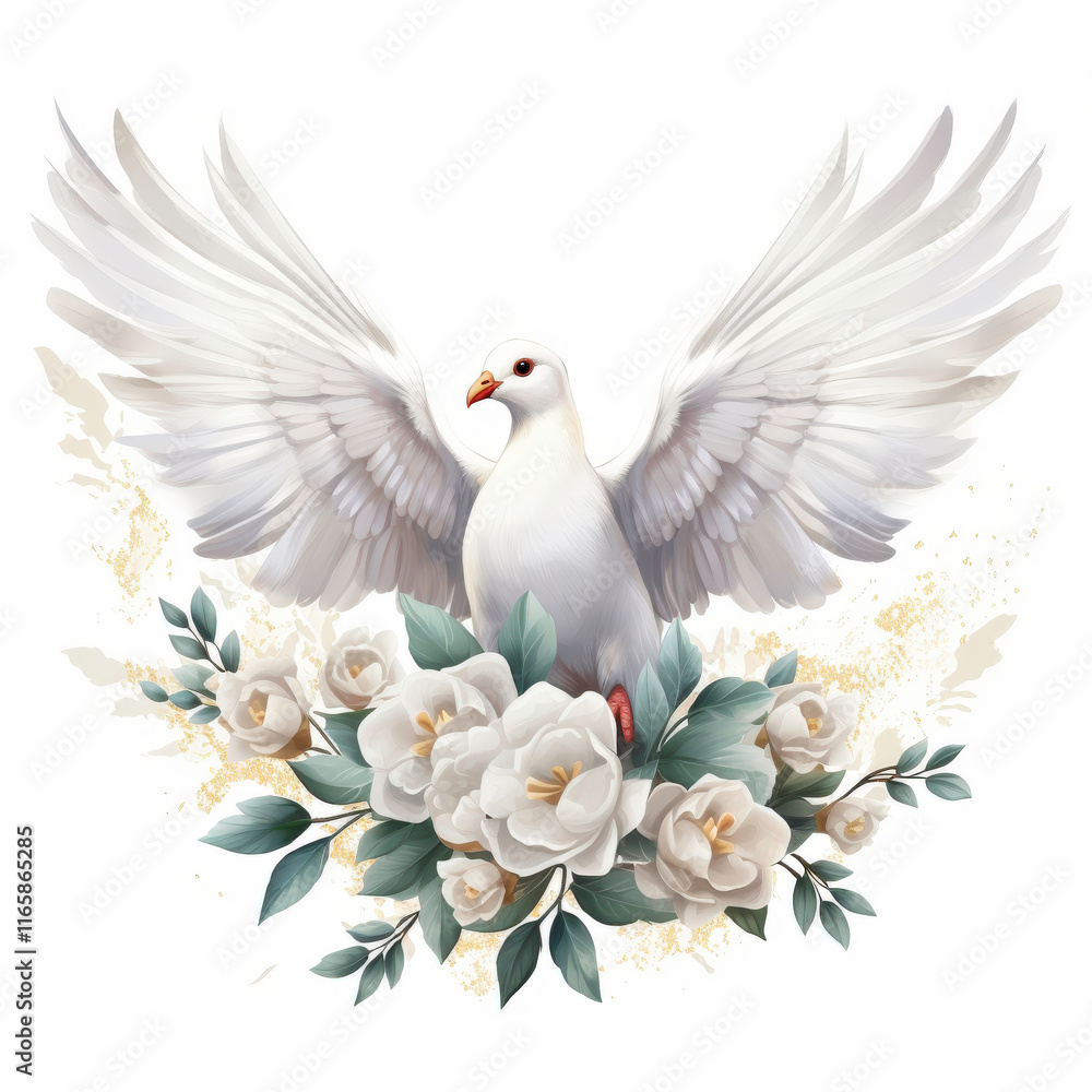 Obraz premium Majestic White Dove Spreading Wings Amidst White Flowers with Soft Green Leaves in Elegant Floral Composition for Peace and Hope Themes