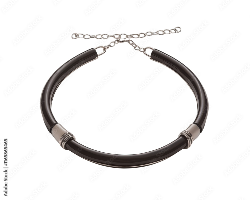 Stylish black necklace with metal accents on white isolated background.