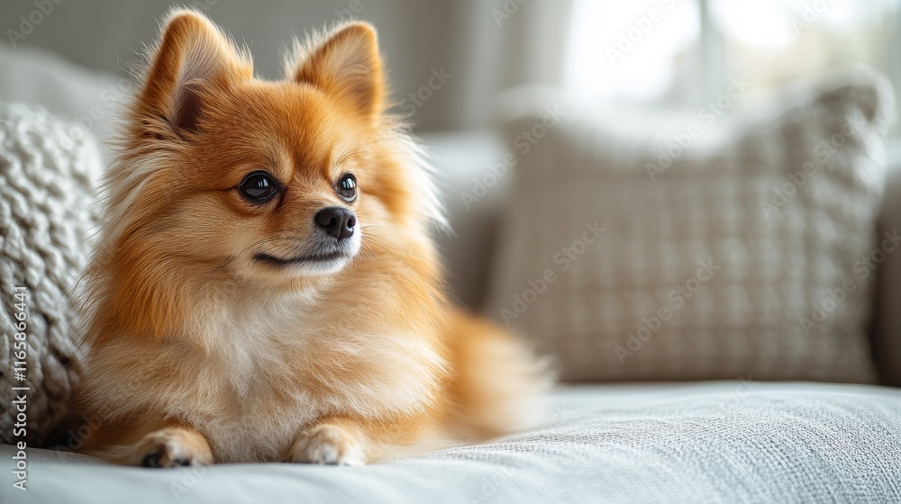 Cute fluffy Pomeranian dog lying on a couch indoors, looking to the side. Cute fluffy Pomeranian dog lying on a couch indoors, looking to the side.