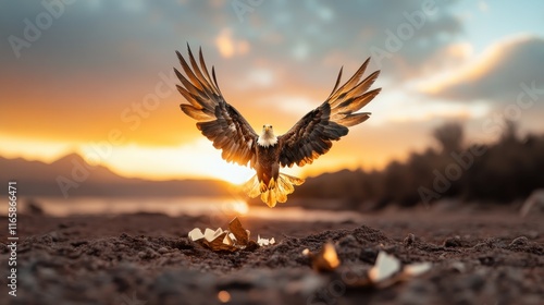 This dramatic image showcases an eagle taking flight from the earth, with a beautiful sunset in the background, emphasizing themes of resilience and freedom. photo