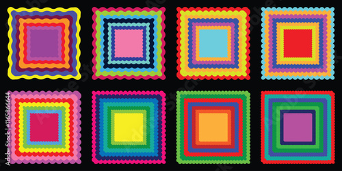 Vector set of rectangle wavy frames with scallop edge. Squiggle photo borders with zig zag edges. rectangular groovy shapes, color funky text box frameworks or curvy mirrors with jagged border