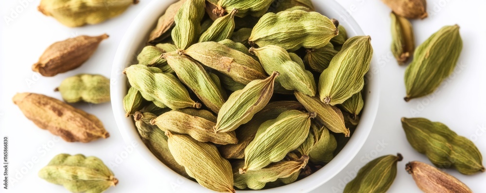 Indian green cardamom powder, top view, realistic texture, isolated on white background Indian green cardamom powder, top view, realistic texture, isolated on white background